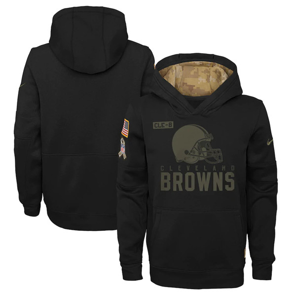 Youth Cleveland Browns 2020 Black Salute to Service Sideline Performance Pullover Hoodie
